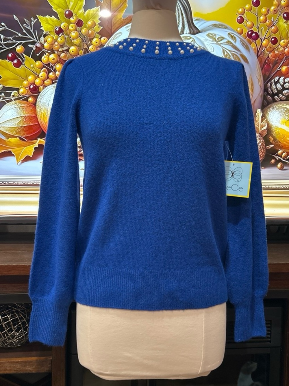 CeCe Pearl-Trim Cobalt Blue Crewneck Sweater